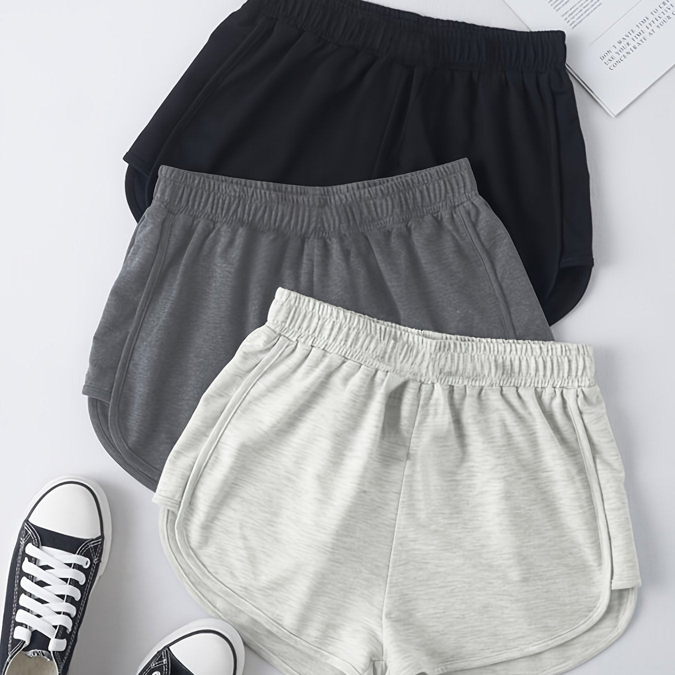 3 Pack Plus Size Casual Shorts Women's Plus Solid Elastic Slight Stretch 3 Pcs