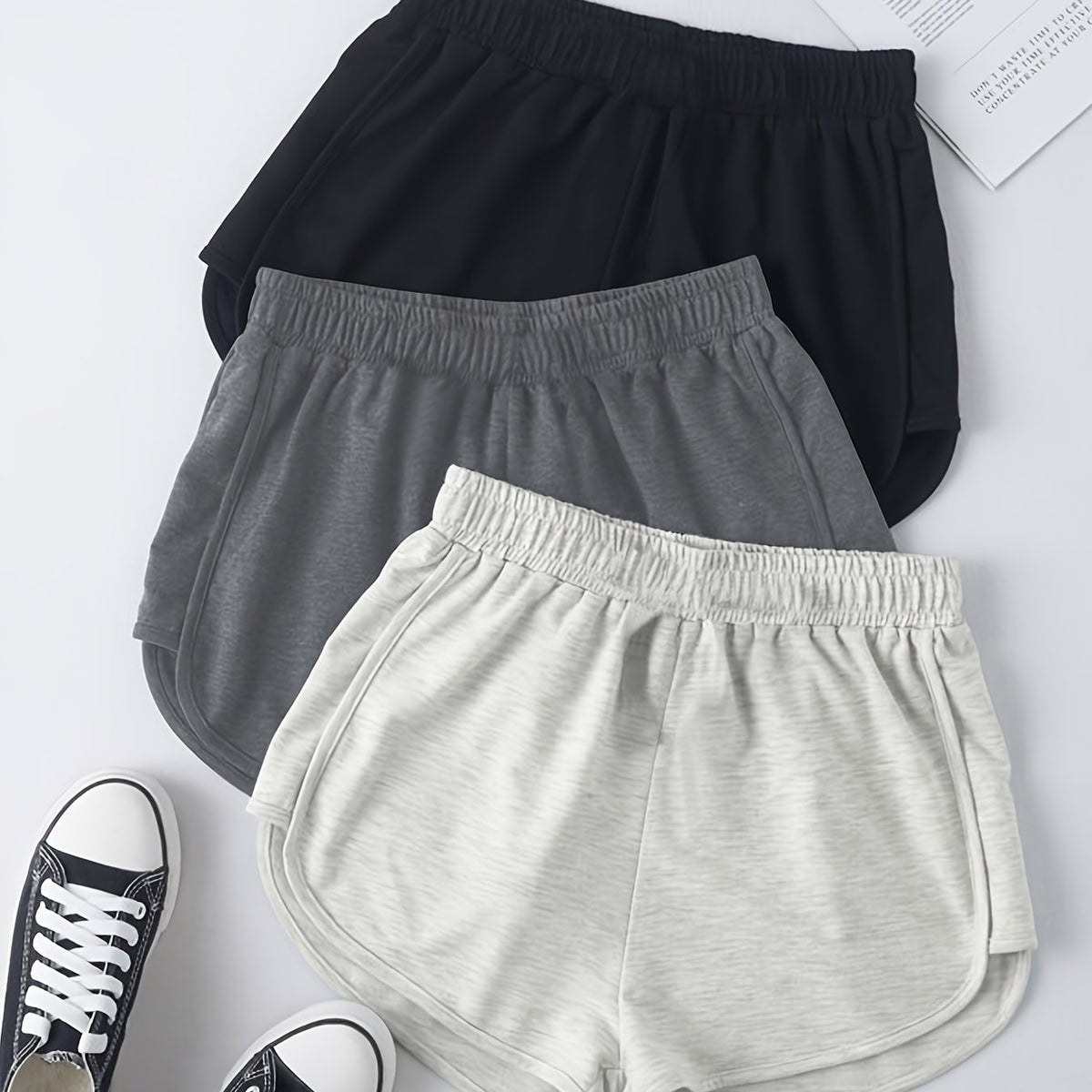 3 Pack Plus Size Casual Shorts Women's Plus Solid Elastic Slight Stretch 3 Pcs