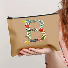 Floral Pattern Cosmetic Bag with Letter Detail Zipper