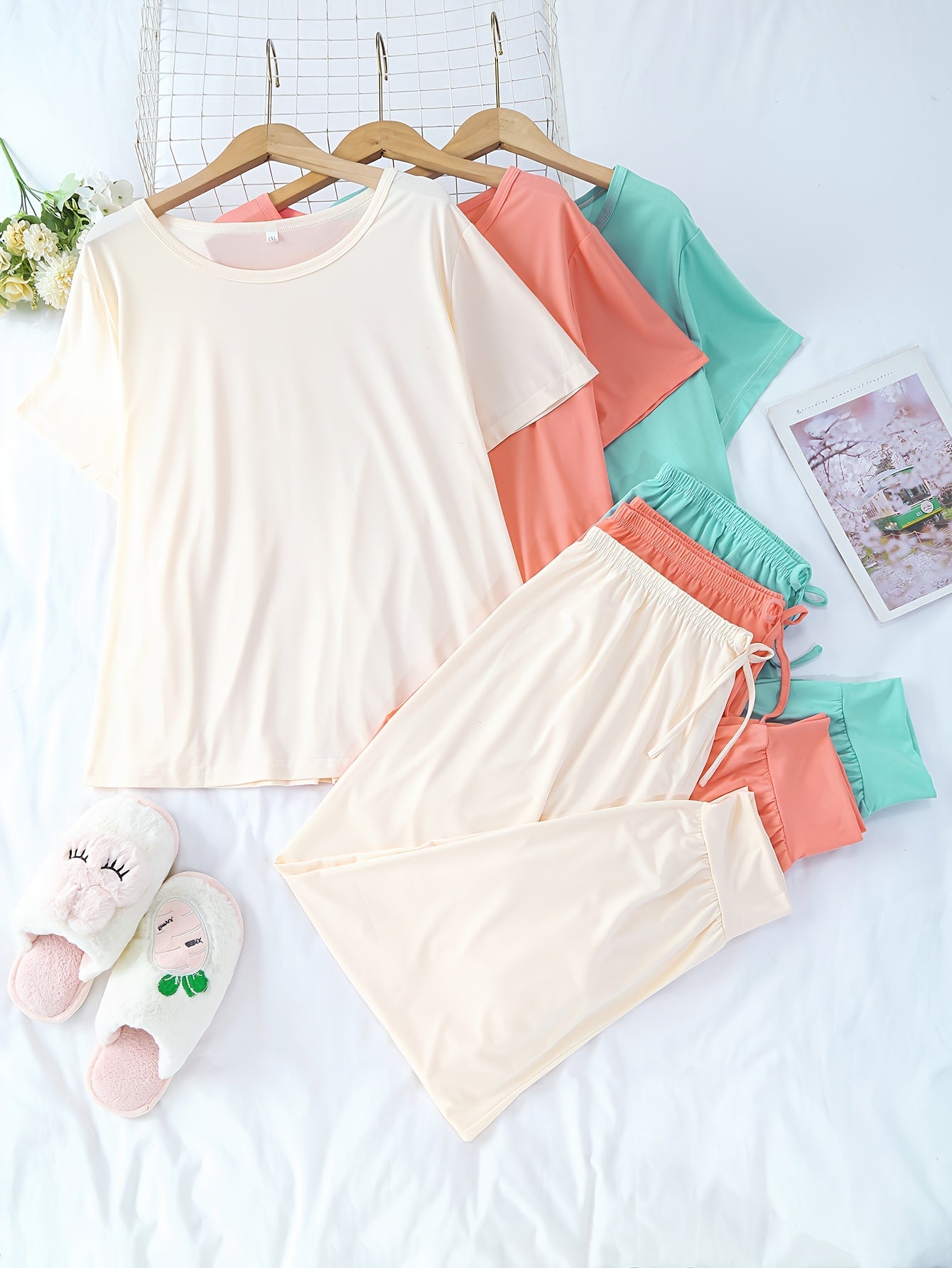 6 Pack Plus Size Pajama Set Women's Solid Short Sleeve T-Shirt