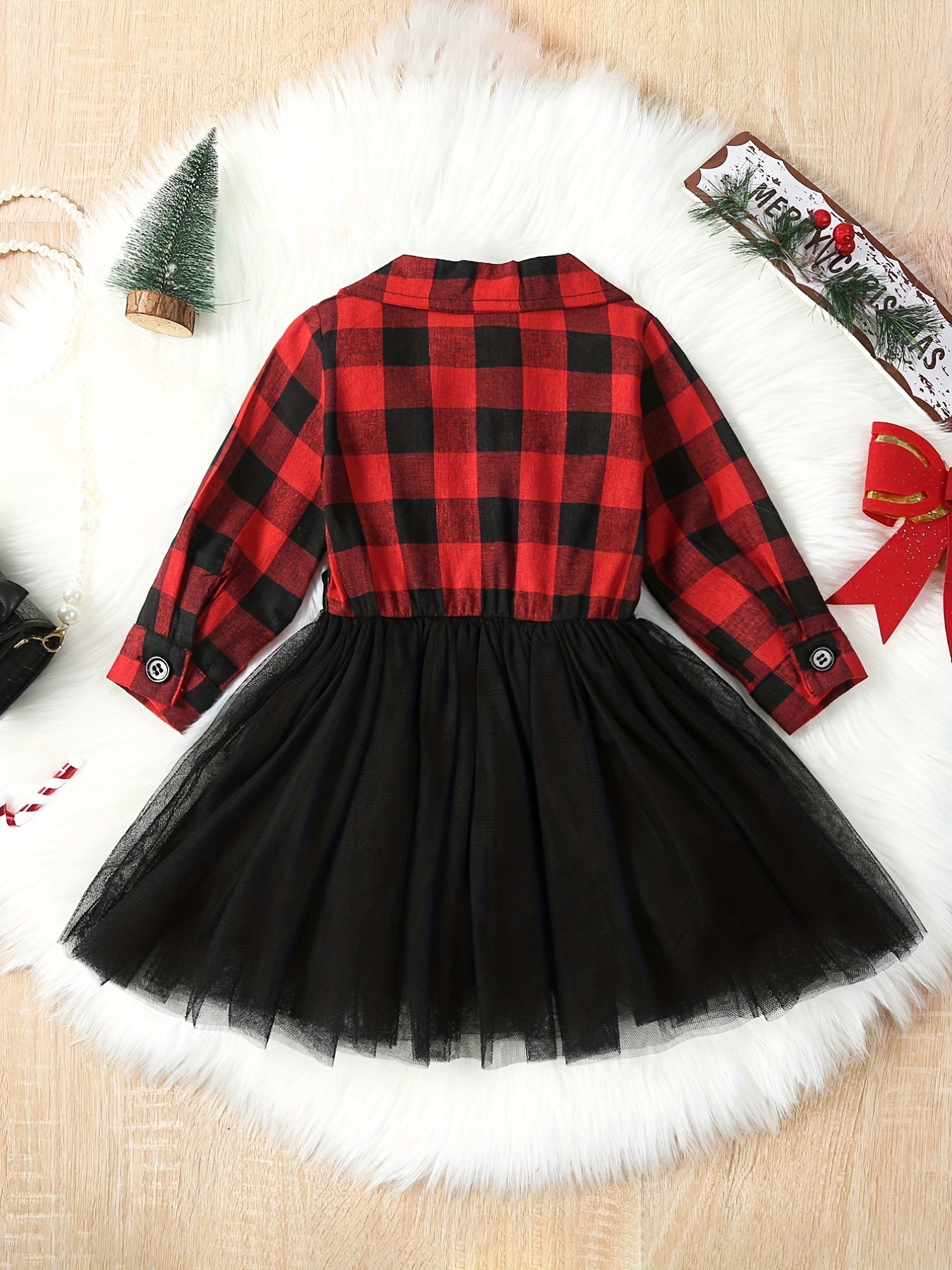 Christmas Plaid Long Sleeve Tutu Dress For Girls