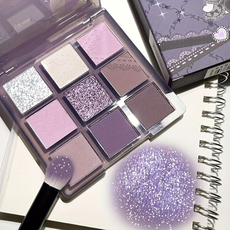 9-Color Purple Eyeshadow Palette, Velvet Finish, Matte & Shimmer