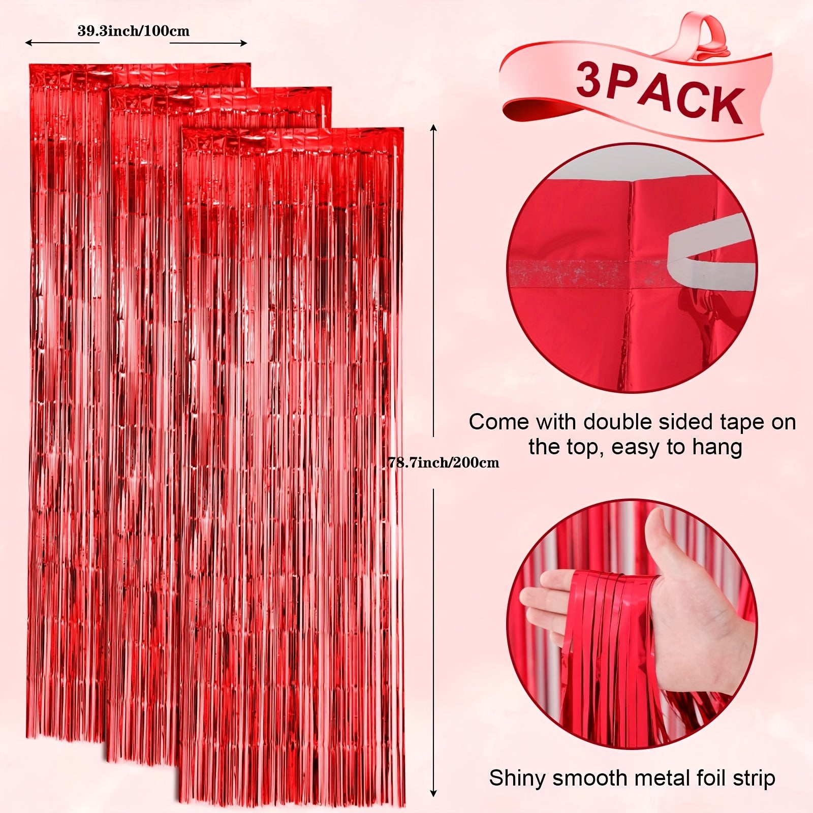 3pcs 100 58x198 Red Foil Tassel Curtains for Party Decorations