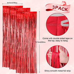 3pcs 100 58x198 Red Foil Tassel Curtains for Party Decorations