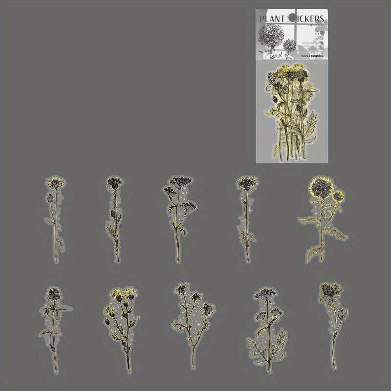 Retro Flower Stickers Set - Literary Artistic Plant Silvery Stamping DIY Decor