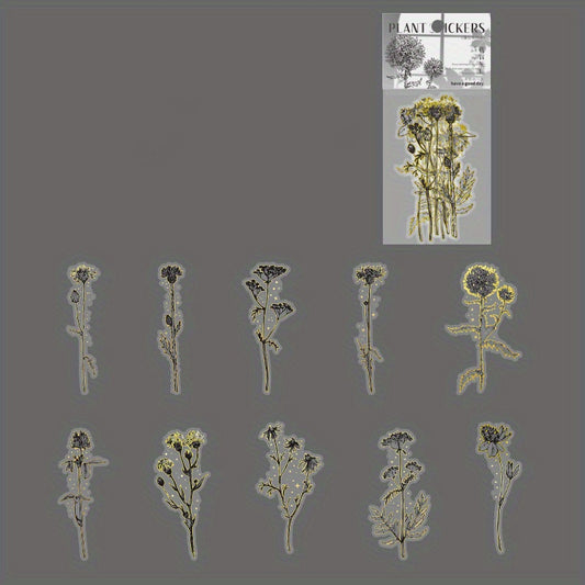 Retro Flower Stickers Set - Literary Artistic Plant Silvery Stamping DIY Decor