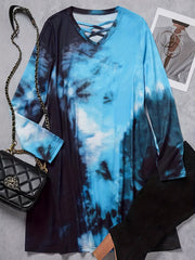 Women's Plus Tie Dye Long Sleeve V Neck Dress With Pockets