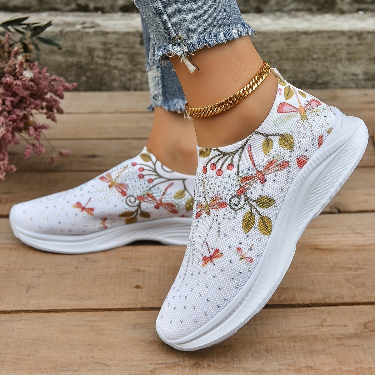 Women's Rhinestone Sock Shoes Dragonfly Slip On Trainers