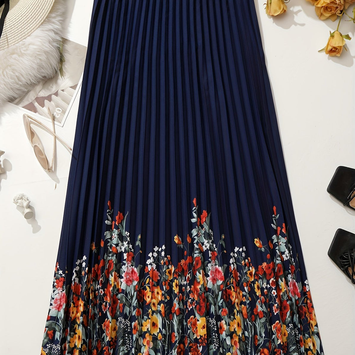 Women's Plus Floral Print Pleated Skirt