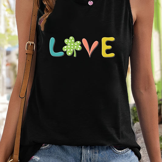 Leaf Print Sleeveless Sports Vest Round Neck Casual Top