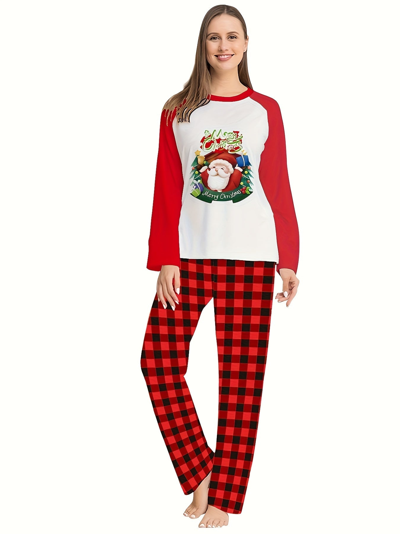 Christmas Print Lounge Set Long Sleeve Crew Neck Top & Plaid Pants