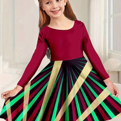 Girls Splicing Long Sleeve Dress Crew Neck Christmas Party Gift