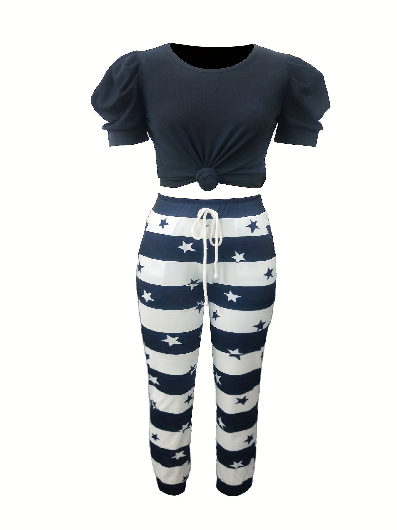  Solid Top & Print Drawstring Pants Outfits Two Piece Set