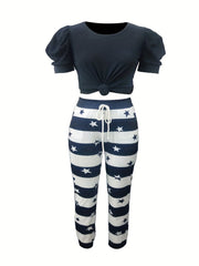  Solid Top & Print Drawstring Pants Outfits Two Piece Set