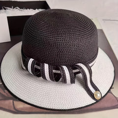 Pearl Buckle Straw Bucket Hat for Women