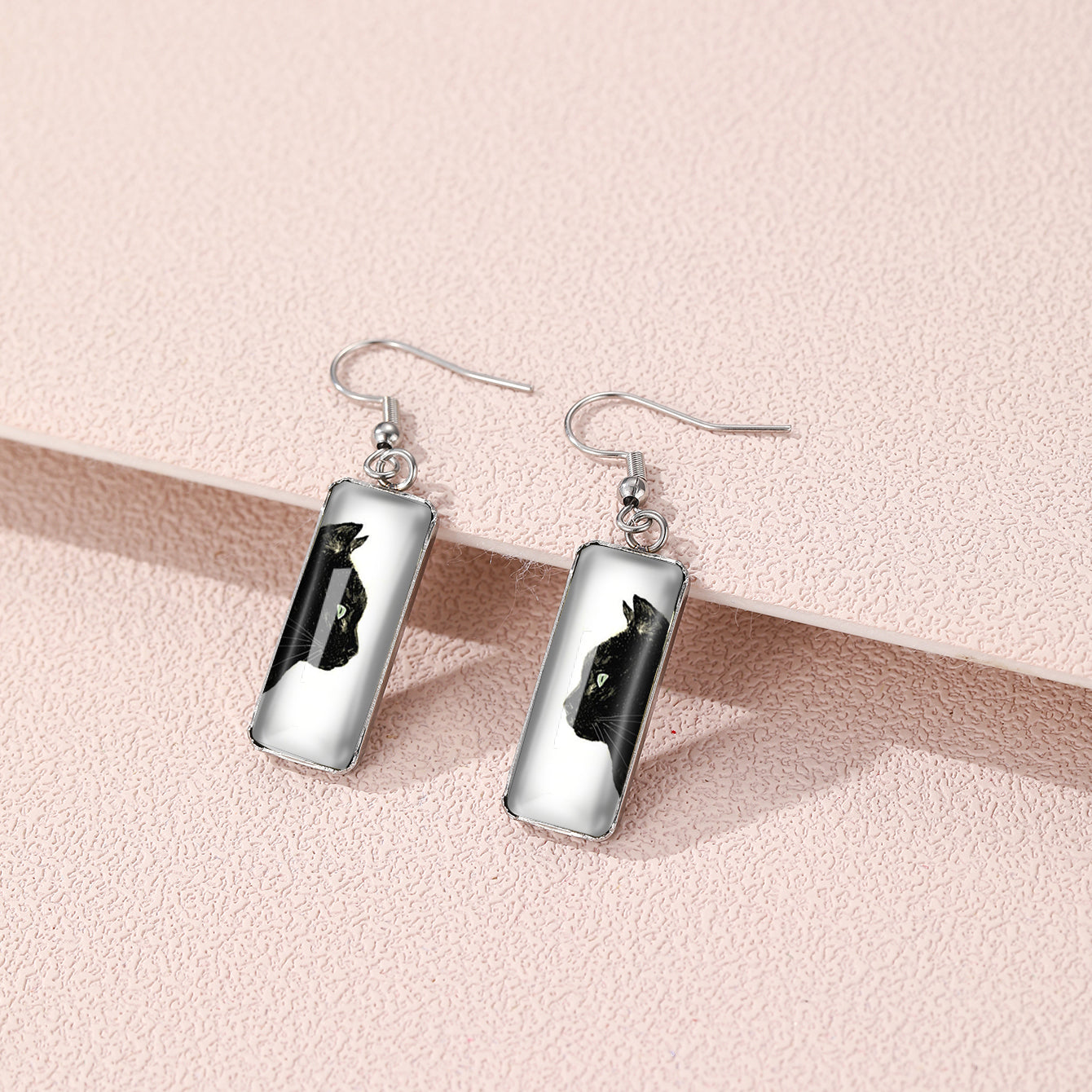 Cat Pattern Rectangle Drop Hook Earrings Jewelry Kitten Animal Party