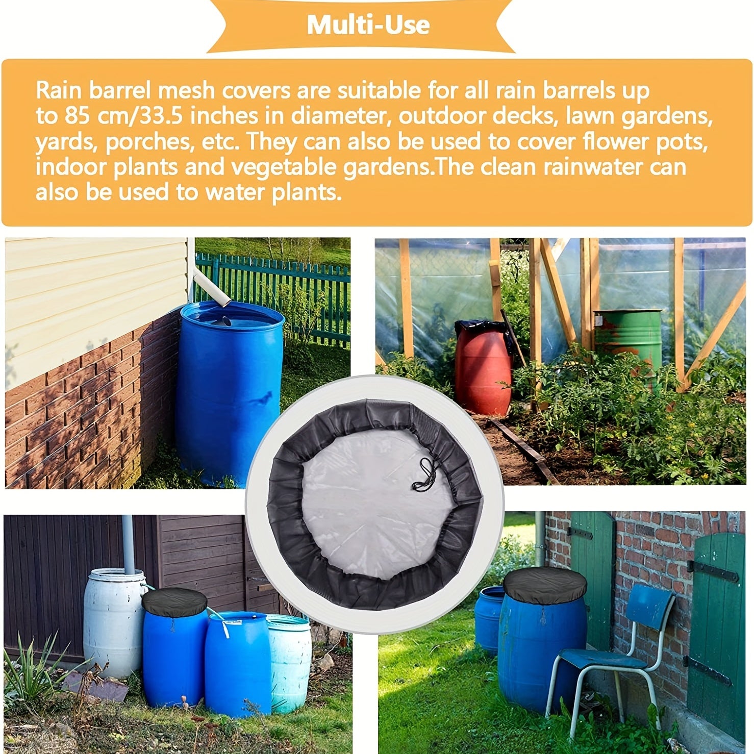 2pcs Mesh Rain Barrel Cover Drawstring Buckets Netting