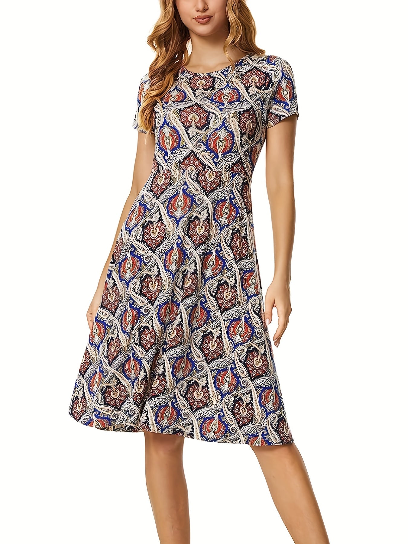 Paisley Print Dress Casual Short Sleeve Summer Dress
