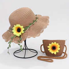 Girls Ruffled Straw Hat & Crossbody Bag Set with Sunflower Decoration