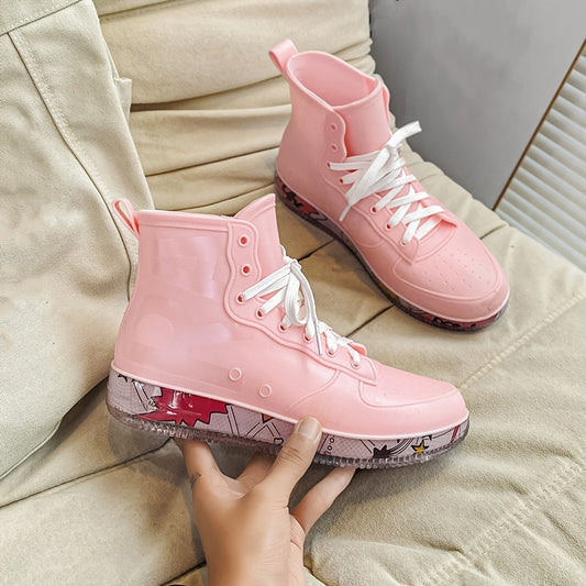 Pink Waterproof Lace-Up Platform Rain Boots for Women