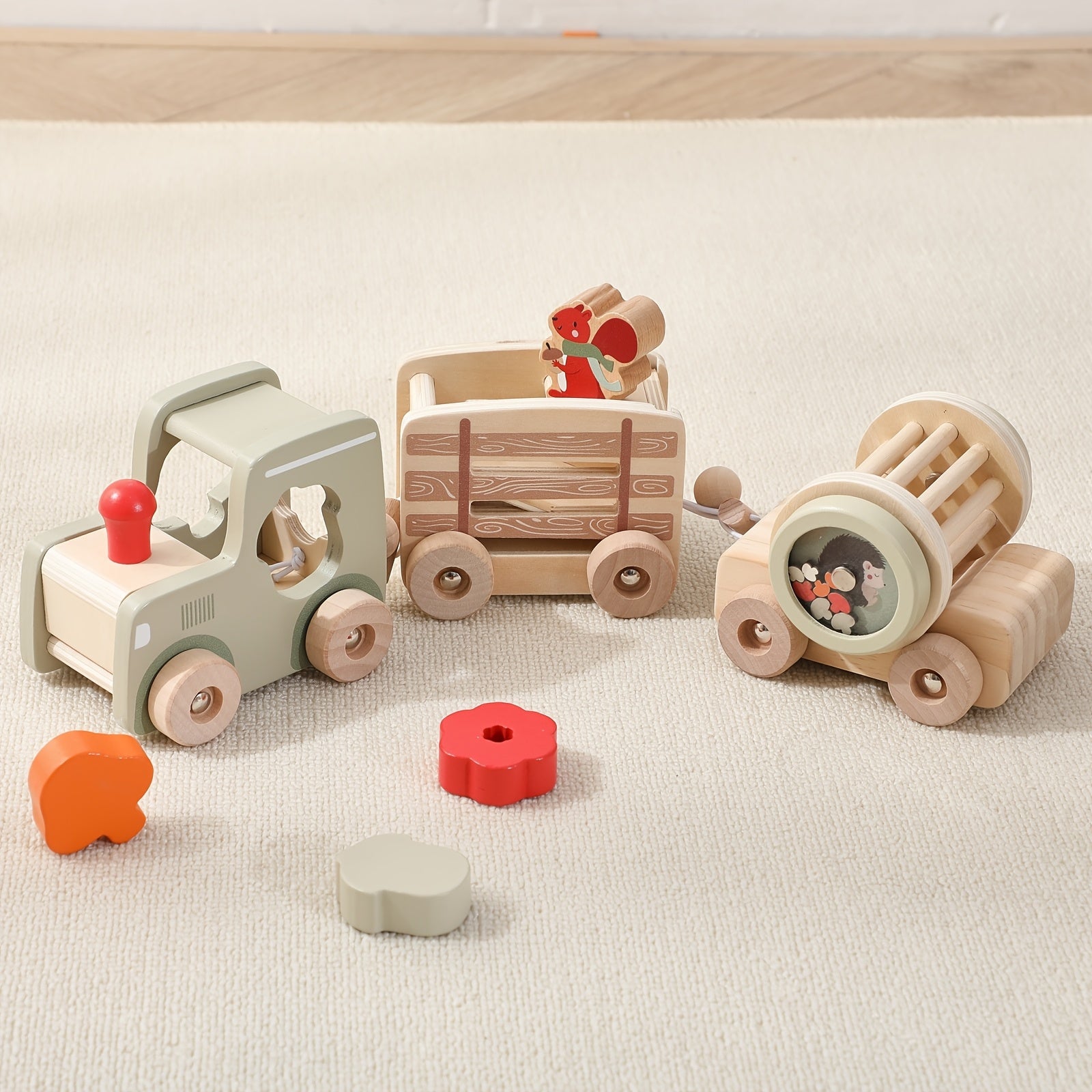 Wooden Train Shape Puzzle Kids Early Educational Matching Toy Squirrel Pulli