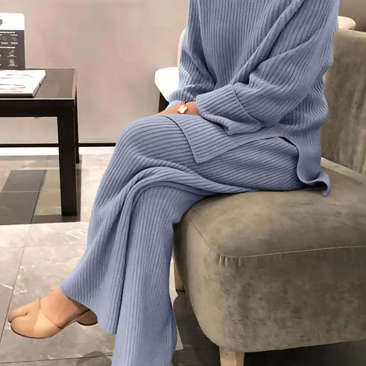Solid Two-piece Set Sweater & Wide Leg Pants