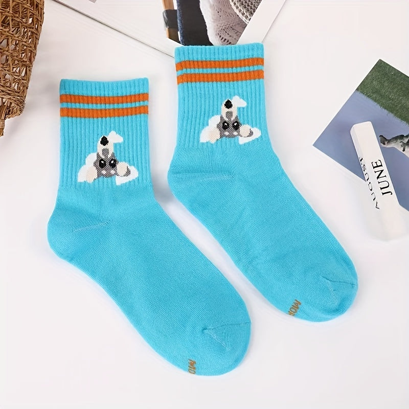 3 Pairs Cartoon Dog Print Socks Striped Crew Socks Women's Stockings