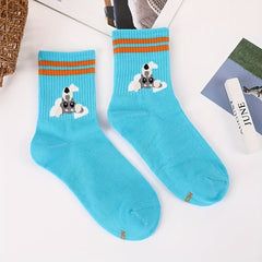 3 Pairs Cartoon Dog Print Socks Striped Crew Socks Women's Stockings