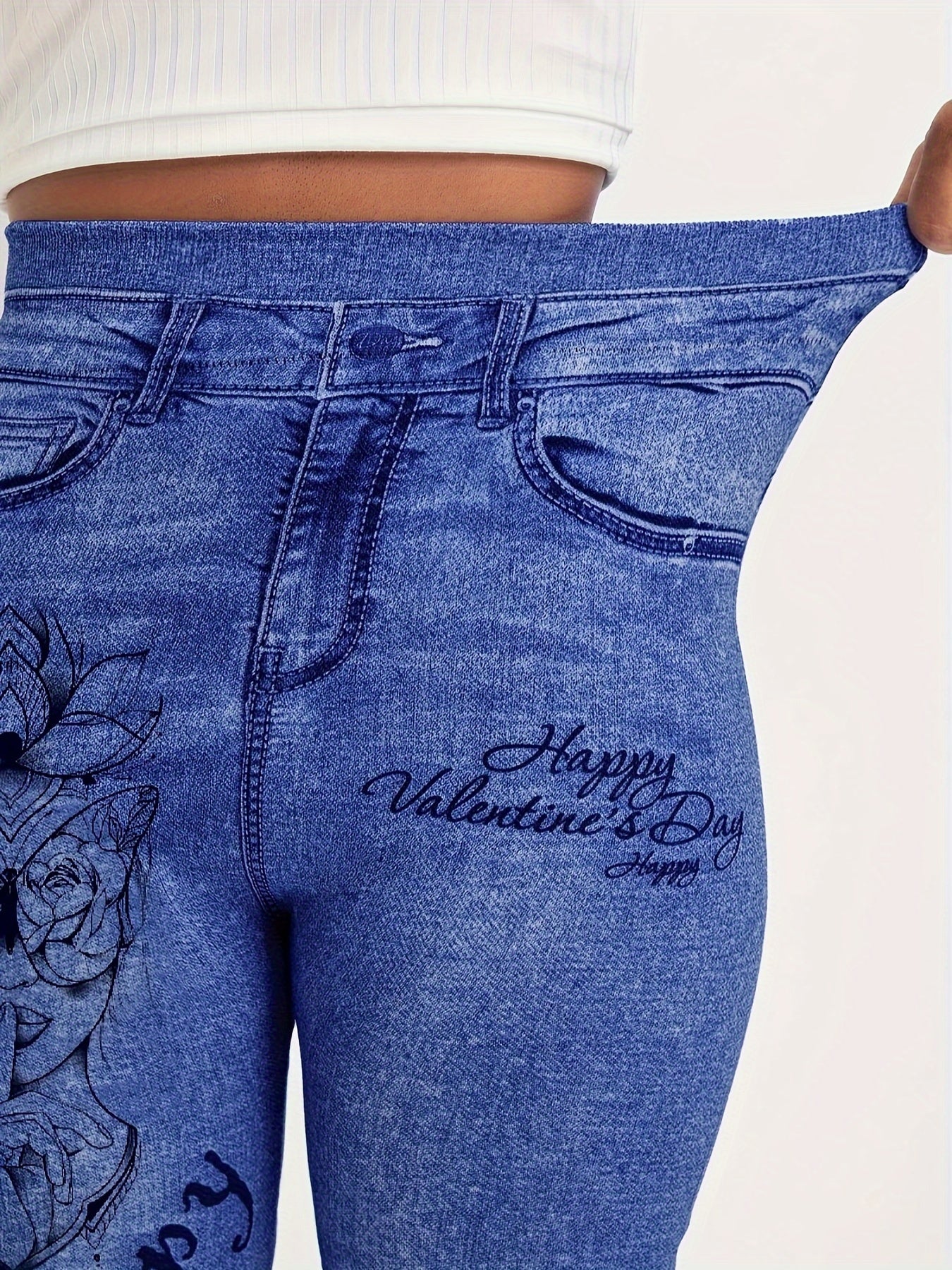  Denim Butterfly Print High Rise Leggings