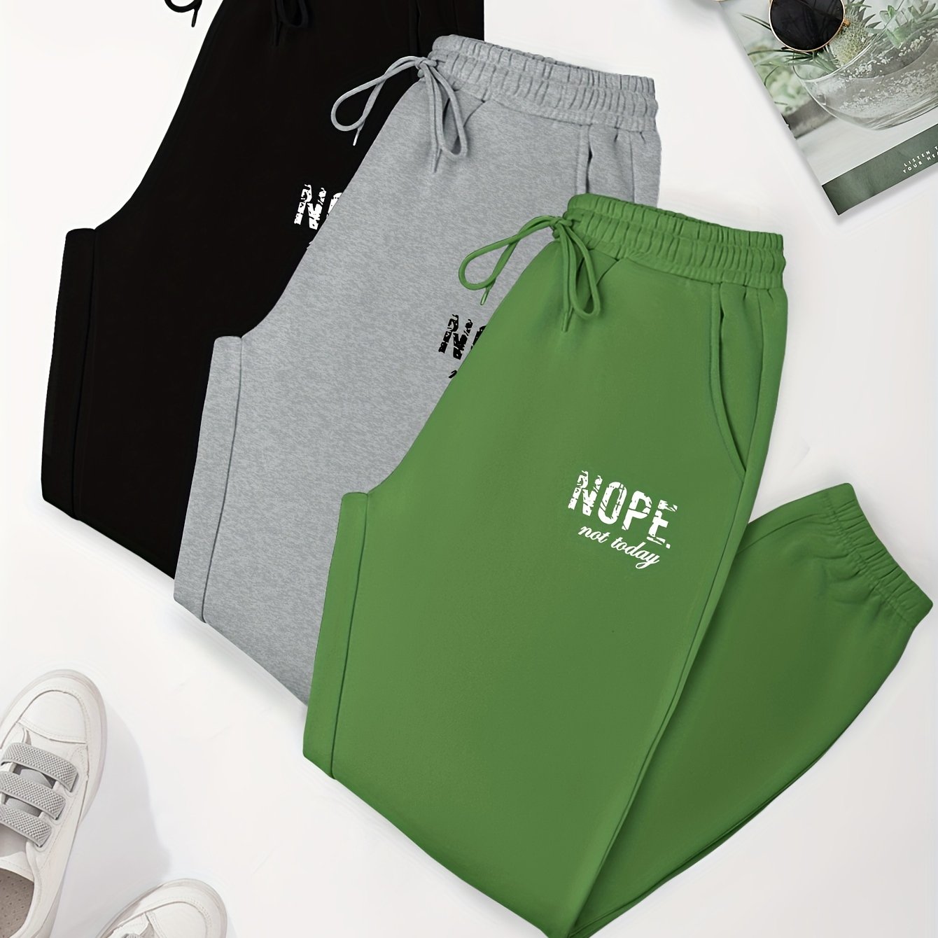 3 Pack Plus Size Sports Pants Set Women's Plus Letter Print Liner Fleece