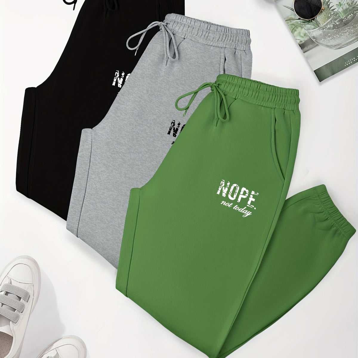 3 Pack Plus Size Sports Pants Set Women's Plus Letter Print Liner Fleece