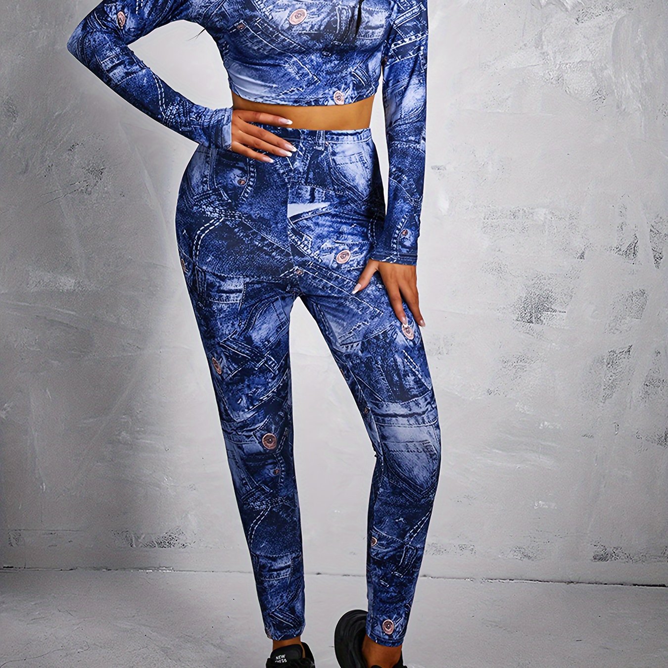  Denim Print Mock Neck Top & Leggings Set