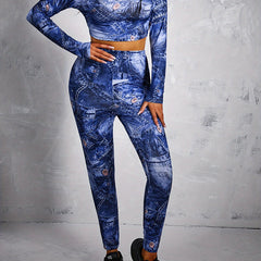  Denim Print Mock Neck Top & Leggings Set