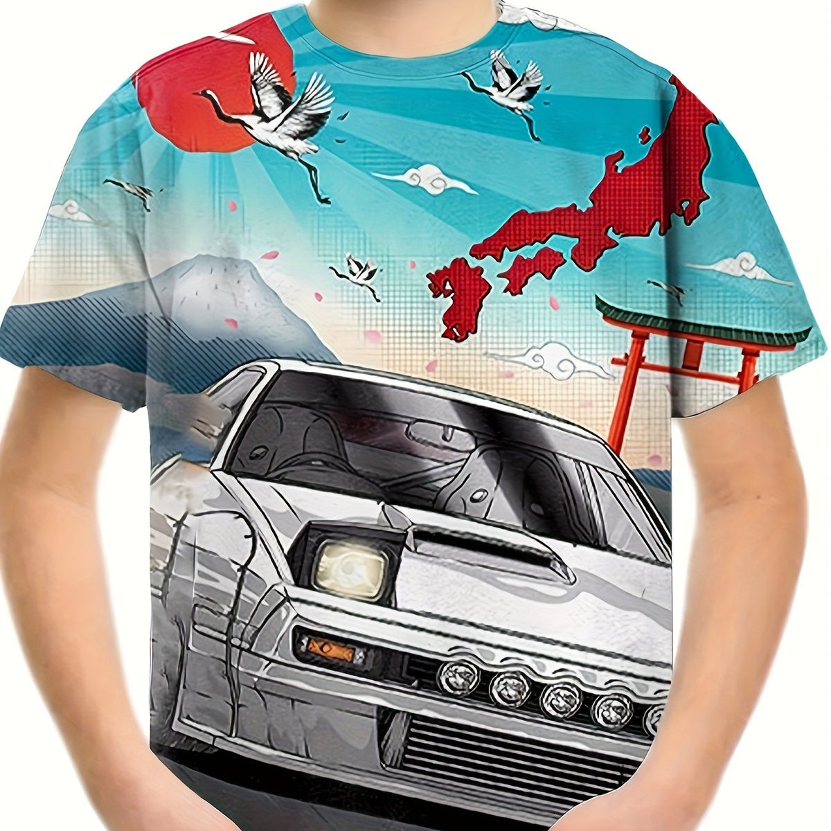 3D Sports Car Print Short Sleeve T shirt for Kids