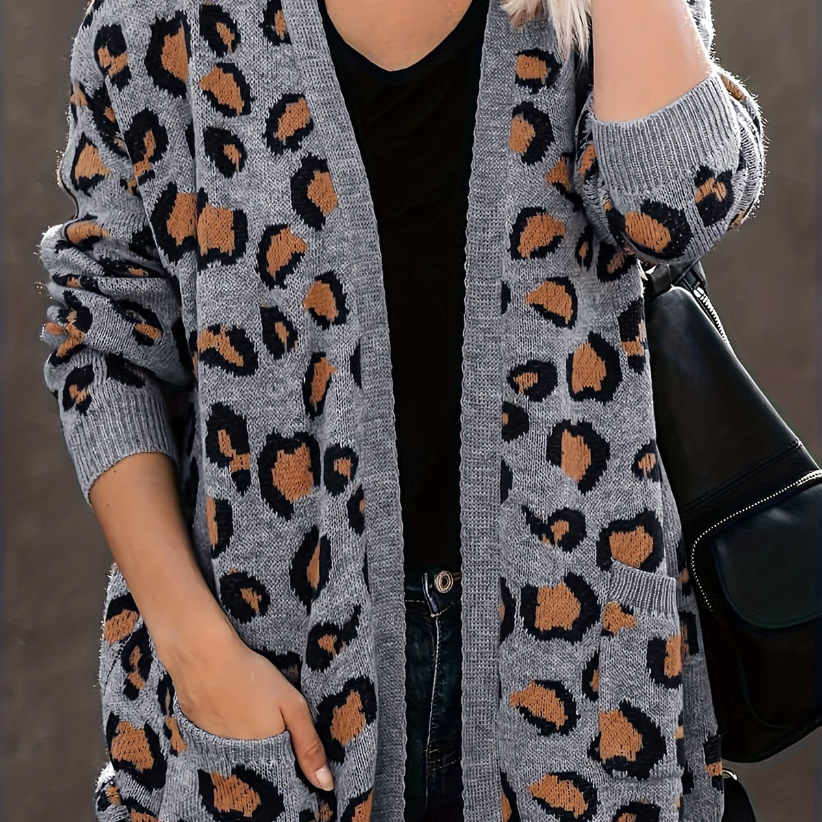  Leopard Print Open Front Cardigan with Pockets