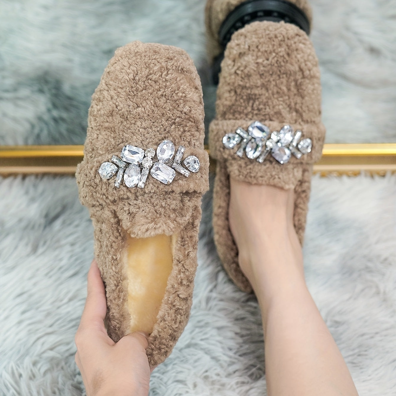 Women's Plush Lined Rhinestone Flats Square Toe Slip On Shoes