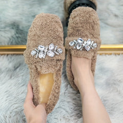 Women's Plush Lined Rhinestone Flats Square Toe Slip On Shoes