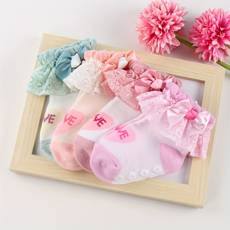 3 Pairs Kids Heart Graphic Lace Trim Princess Crew Socks