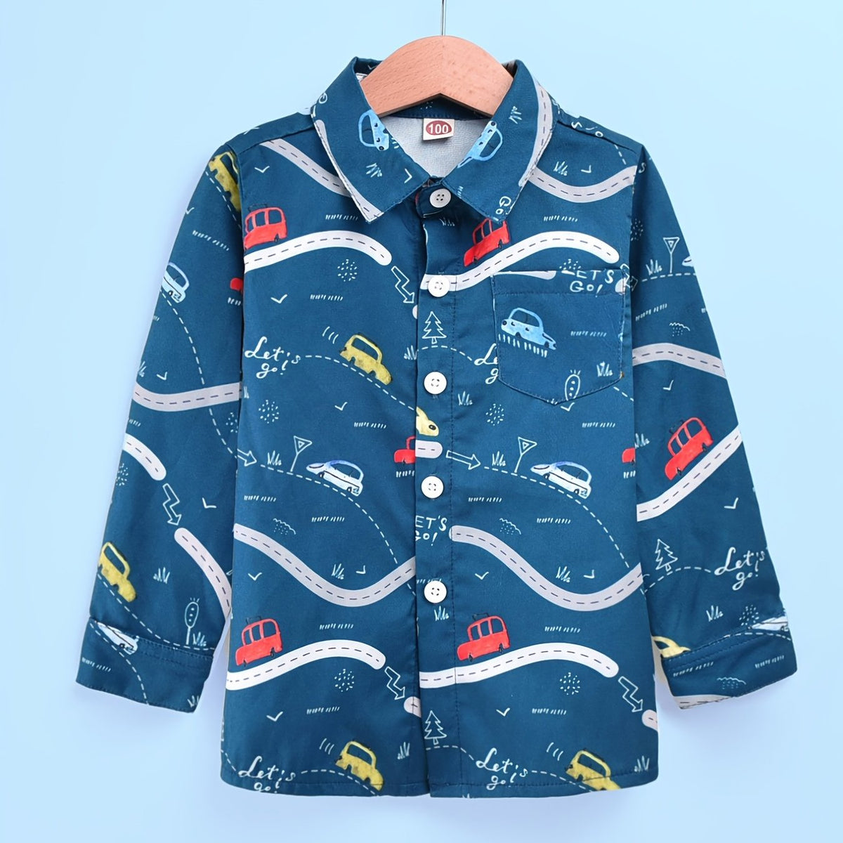Boys Car Print Hawaiian Shirt Long Sleeve Button Down