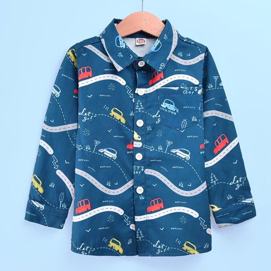 Boys Car Print Hawaiian Shirt Long Sleeve Button Down