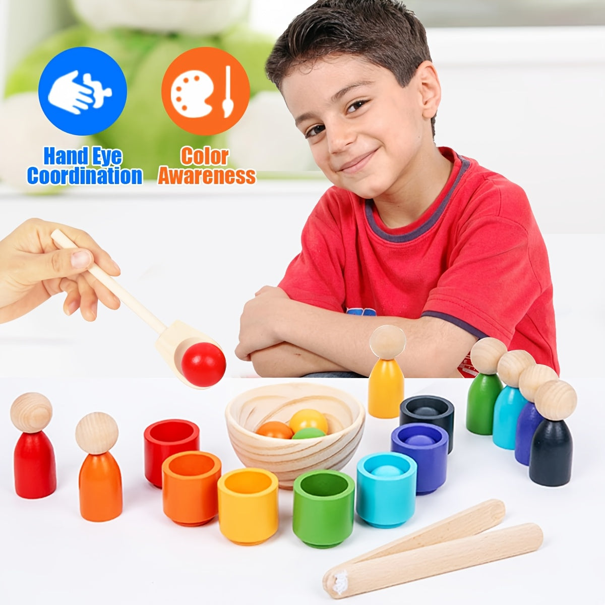 Wooden Rainbow Ball Matching and Sorting Game - Educational Preschool Toy