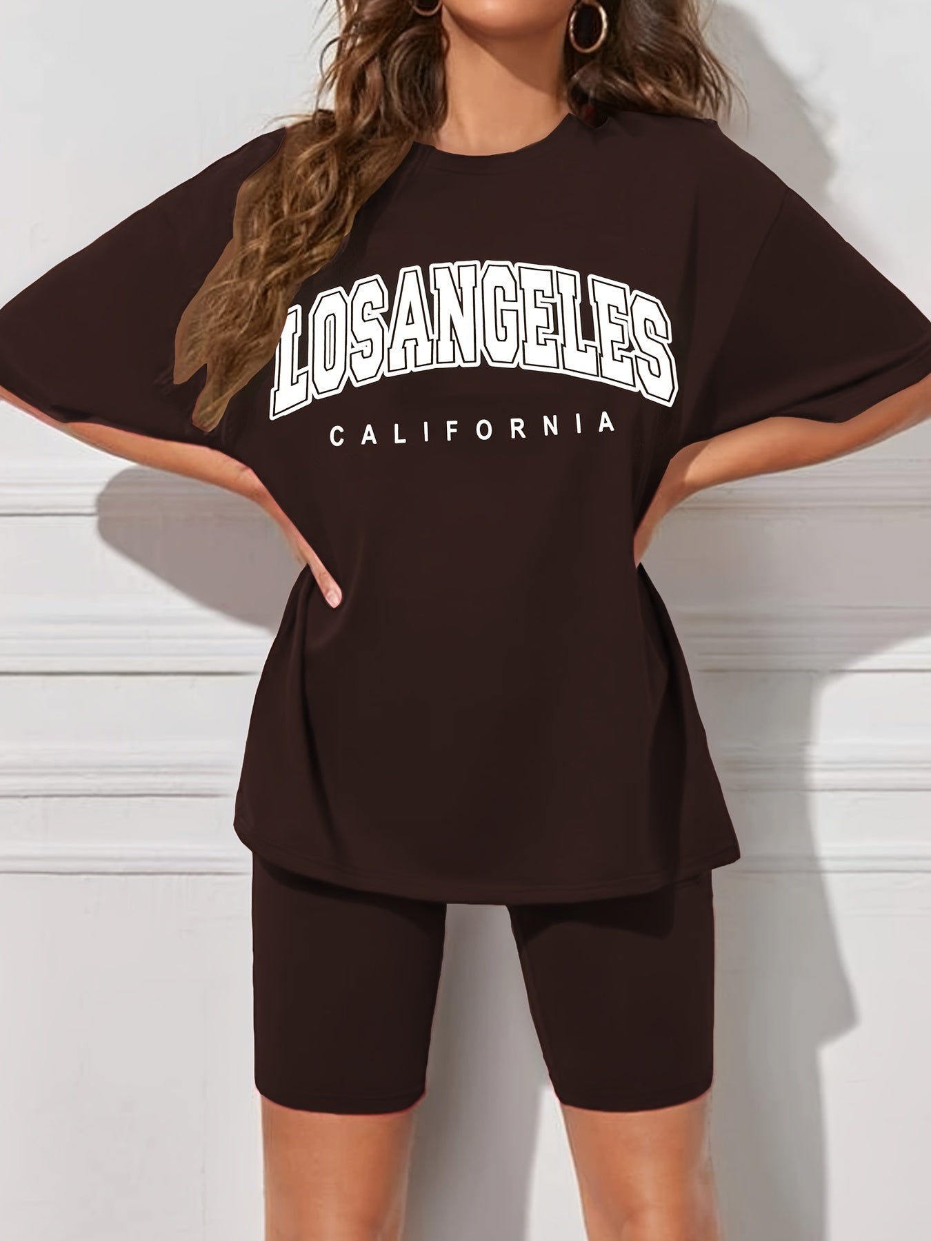 Letter Print T-shirt & Biker Shorts Set Women's Outfit