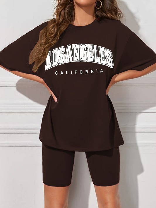 Letter Print T-shirt & Biker Shorts Set Women's Outfit