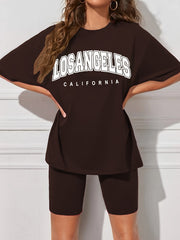 Letter Print T-shirt & Biker Shorts Set Women's Outfit