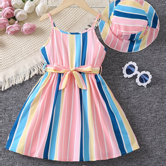 2pcs Toddler Girls Rainbow Stripe Cami Dress & Hat Set for Summer