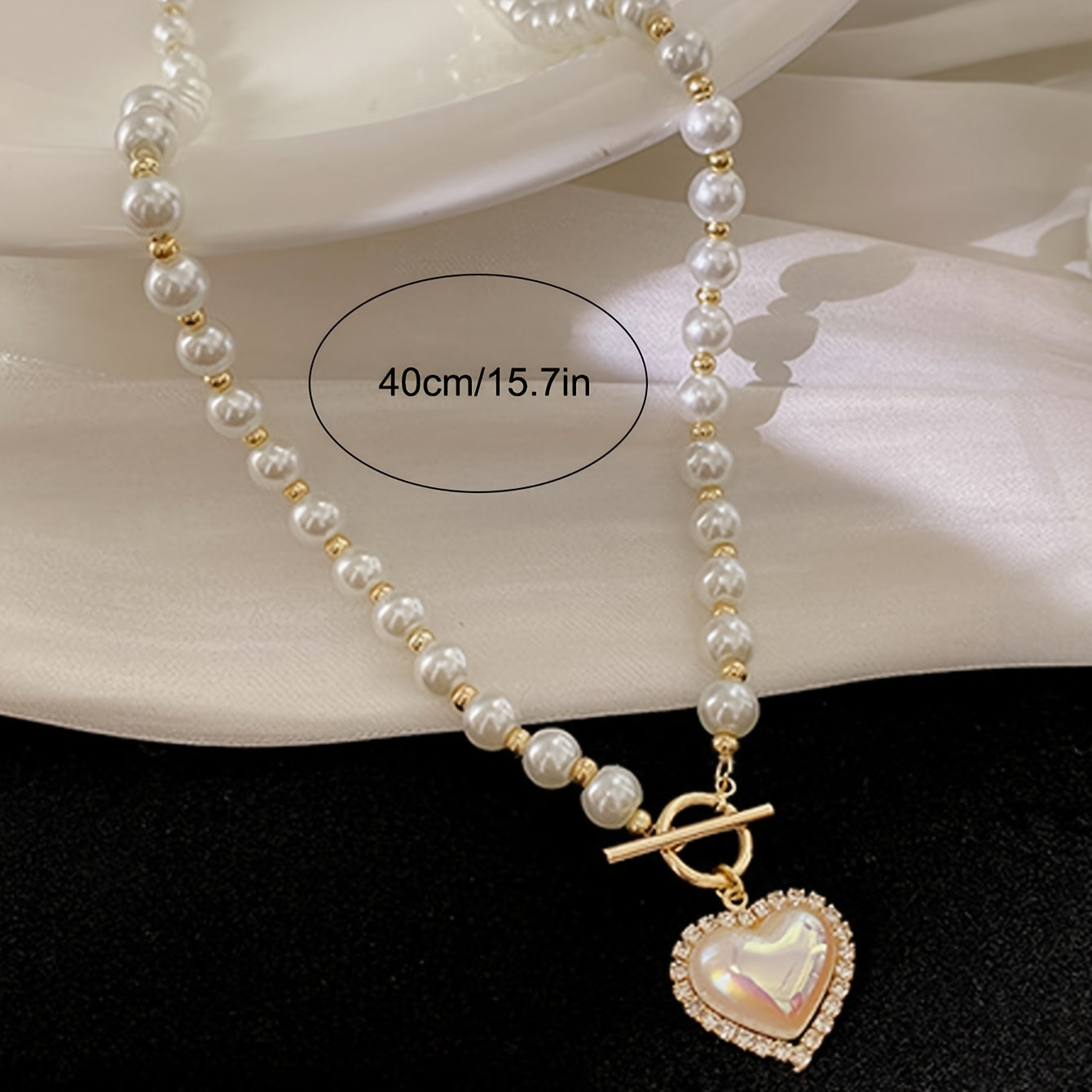 Faux Pearls Beads Necklace Heart Shape Pendant Lovely Neck Jewelry