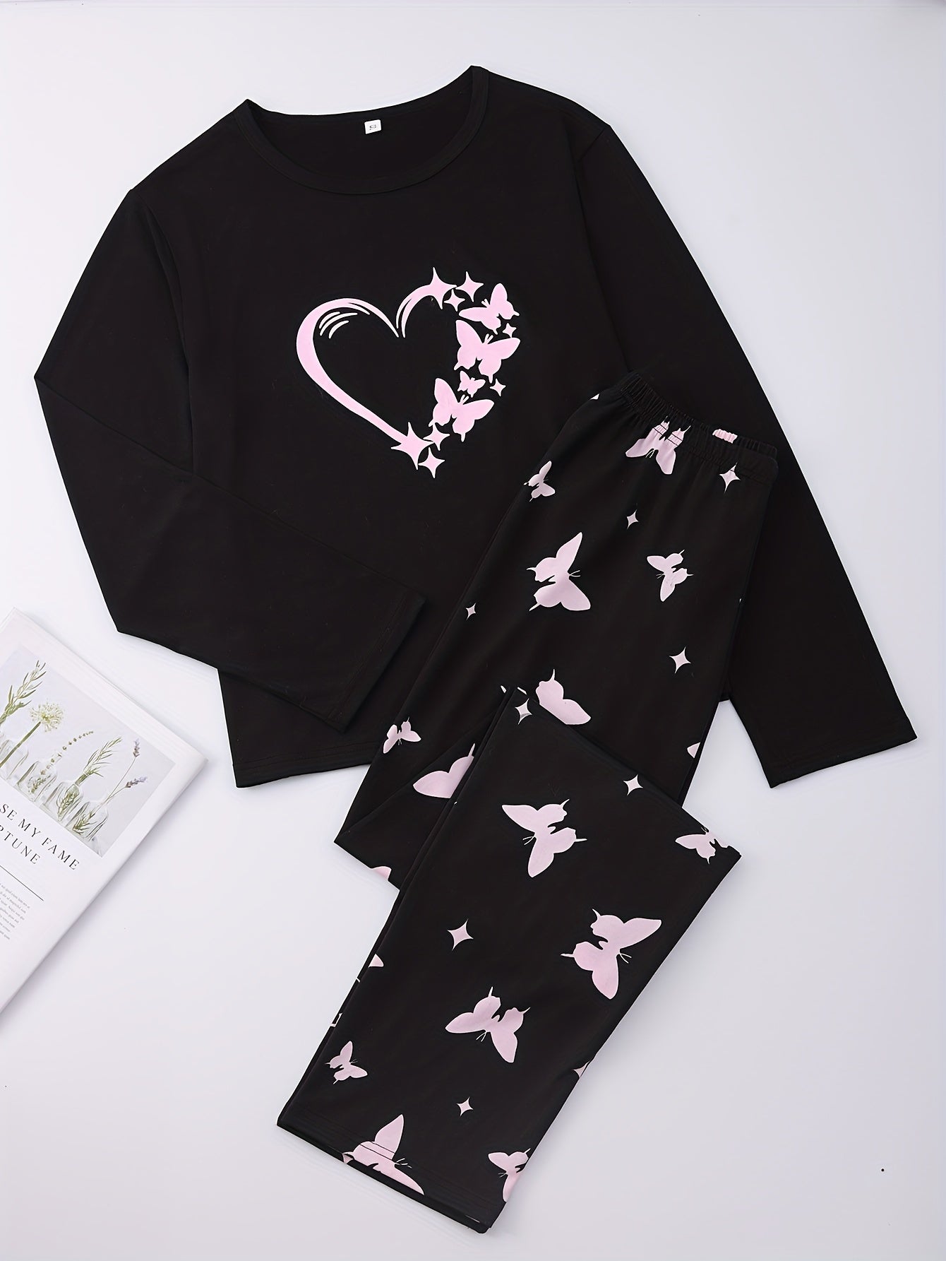 Butterfly Print Pajama Set Crew Neck Top & Pants Women's Sleepwear