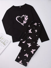 Butterfly Print Pajama Set Crew Neck Top & Pants Women's Sleepwear