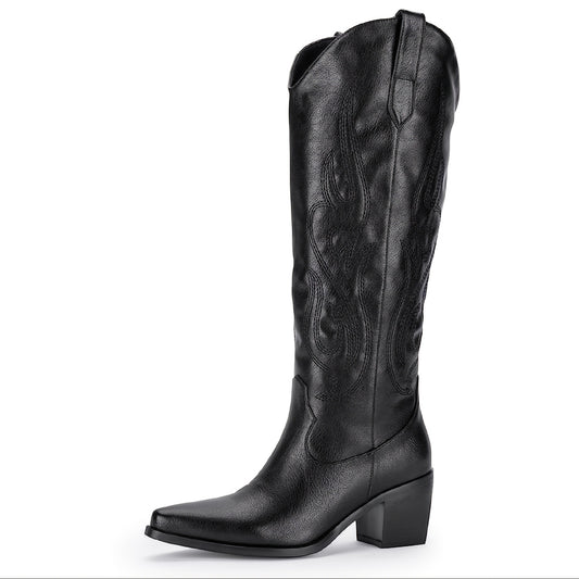 Women's Western Cowboy Boots Chunky Heel Embroidered Wide Calf