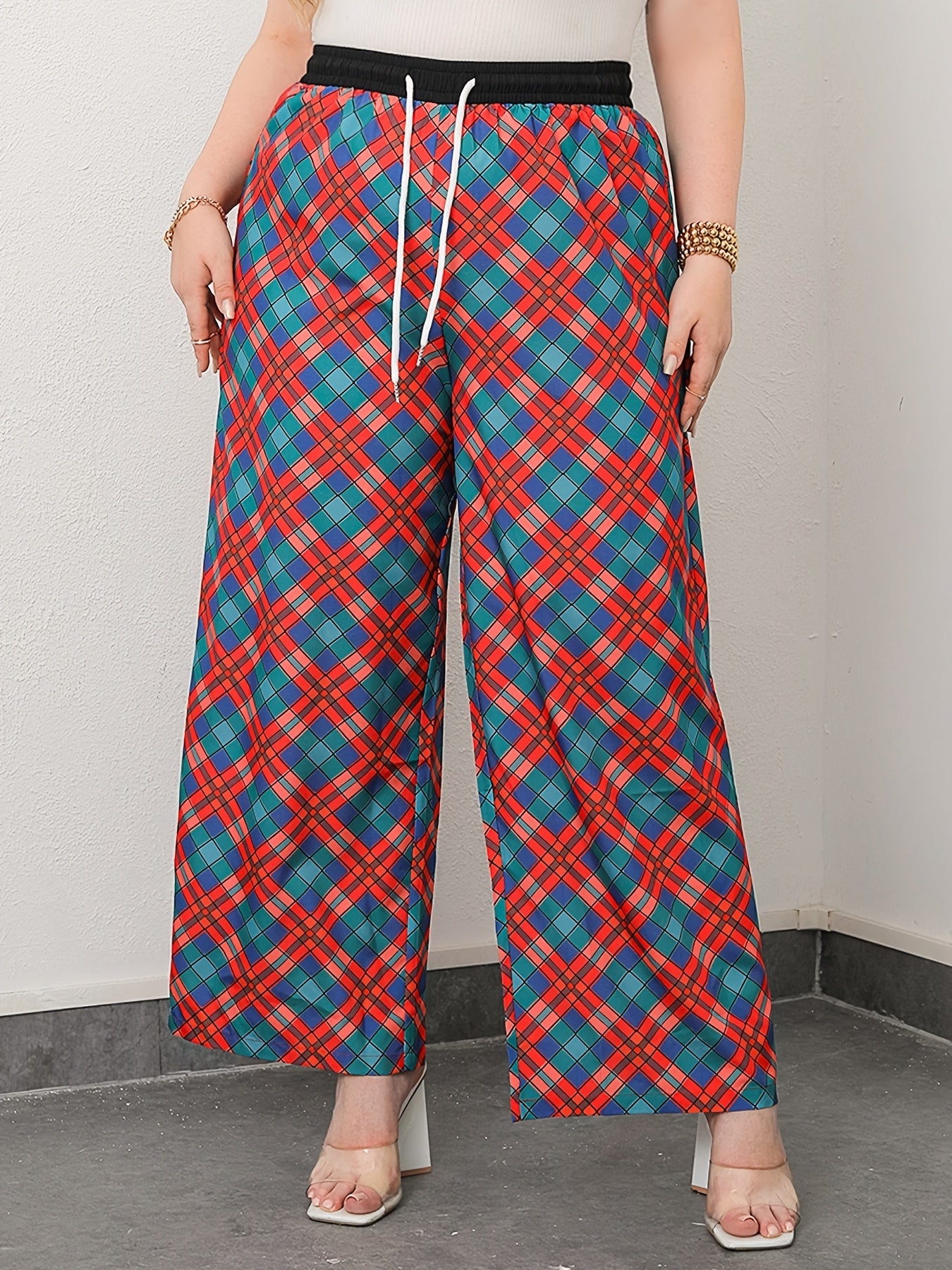  Plaid Print Drawstring Wide Leg Pants
